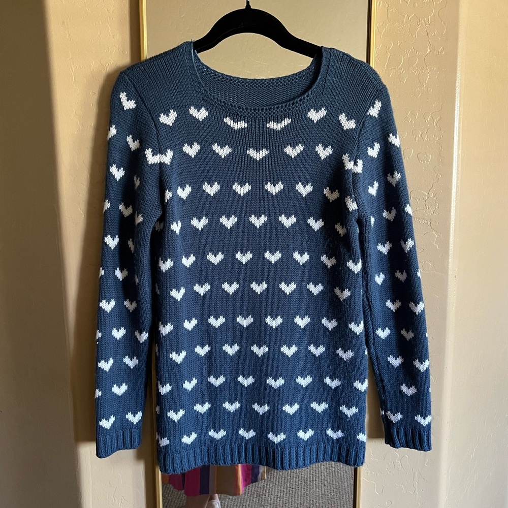 Blue White Heart Knit Sweater Size Small